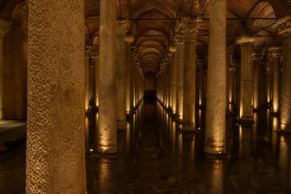 Rows of ancient columns inside the Basilica Cistern in Istanbul
