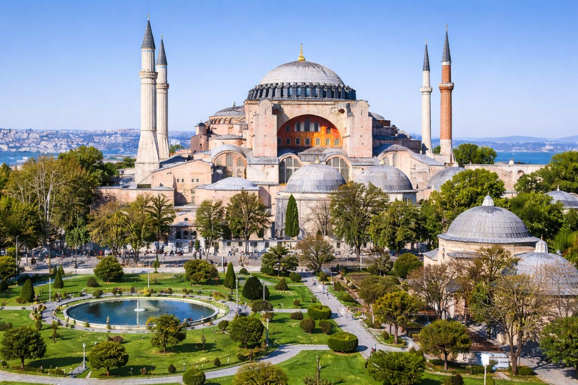 Hagia Sophia Grand Mosque in Istanbul with iconic domes and minarets overlooking Sultanahmet park, captured during a guided tour with Hagia Sophia Tours