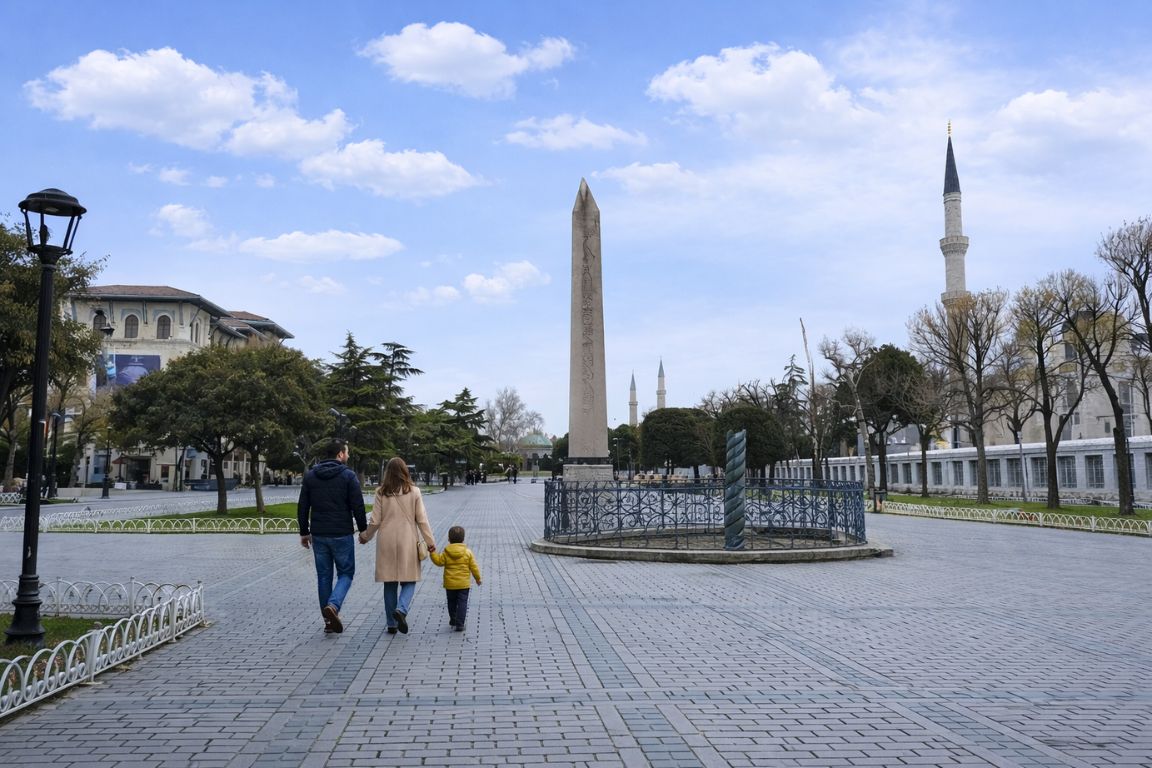 Family walking through Sultanahmet Square in Istanbul with the Obelisk of Theodosius and historic landmarks, captured during a guided tour with Hagia Sophia Tours