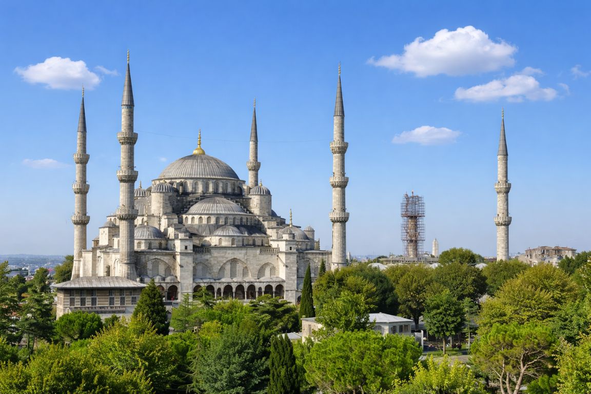 Panoramic view of the Blue Mosque in Istanbul showcasing Ottoman architecture and skyline, captured during a tour with Hagia Sophia Tours