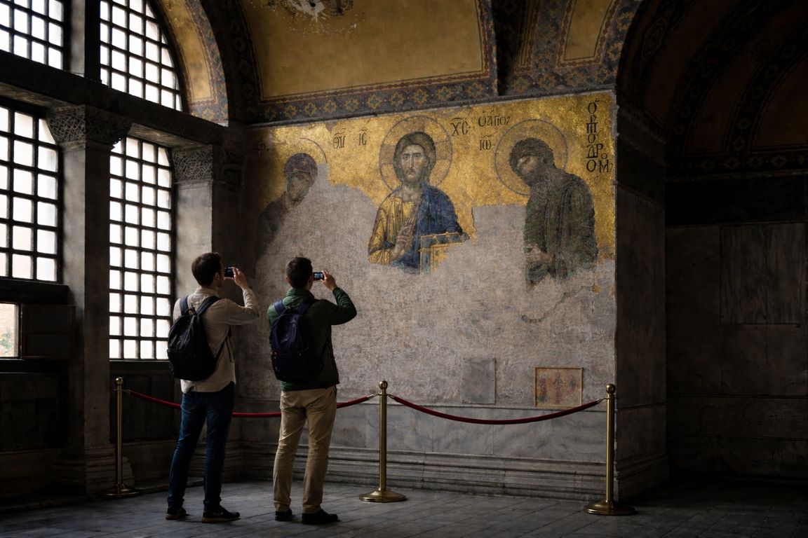 Tourists photographing Byzantine mosaic inside Hagia Sophia in Istanbul with golden religious artwork, captured during a guided tour with Hagia Sophia Tours
