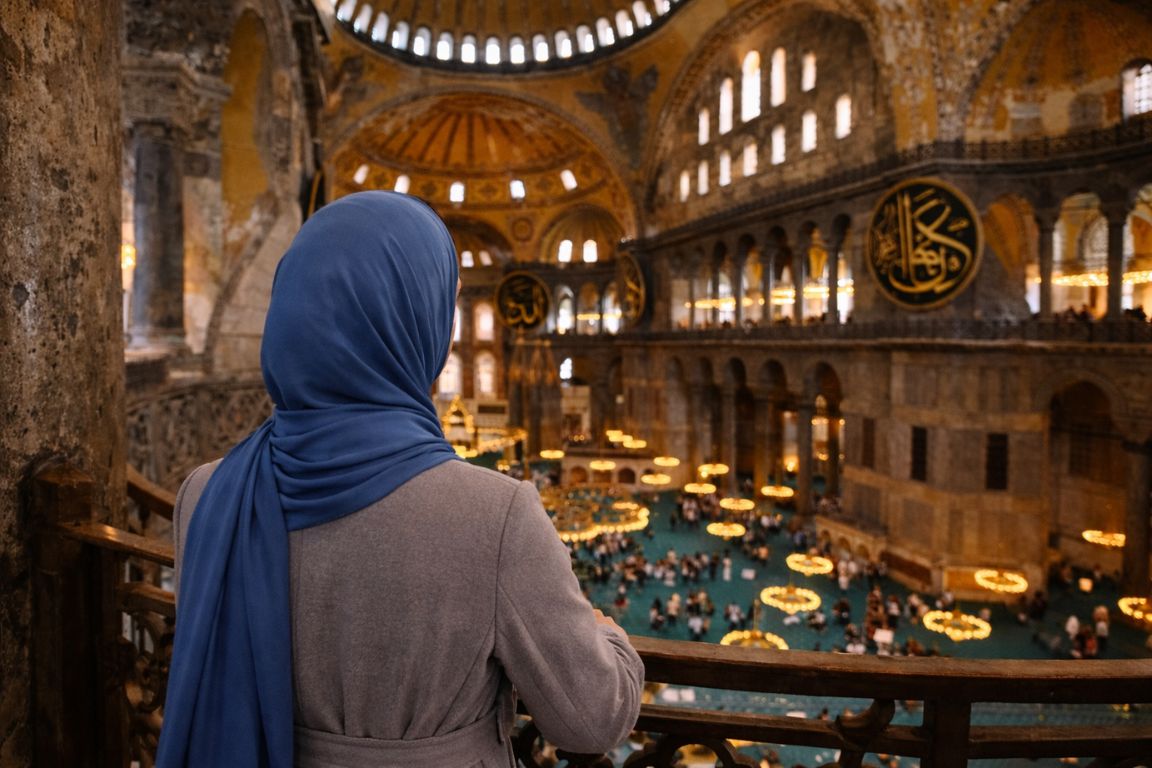 Woman in headscarf overlooking the interior of Hagia Sophia in Istanbul with grand dome and chandeliers, captured during a guided tour with Hagia Sophia Tours